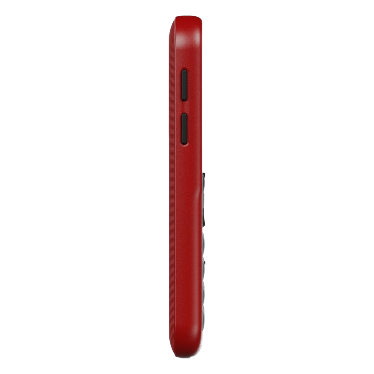 Doro Leva E11 knaptelefon i rødt, set fra siden med to synlige sorte knapper og et slankt design.