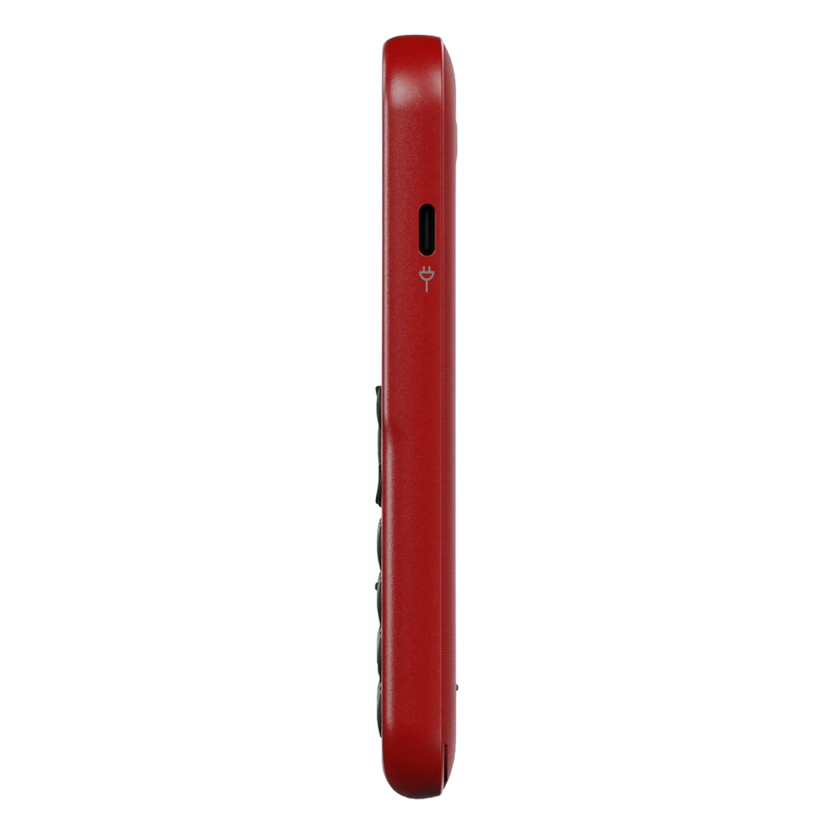 Doro Leva E11 knaptelefon i rød, set fra siden, med USB-opladningsport og let forhøjede kantknapper.
