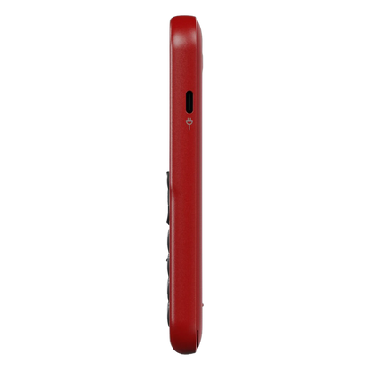 Doro Leva E11 knaptelefon i rød, set fra siden, med USB-opladningsport og let forhøjede kantknapper.