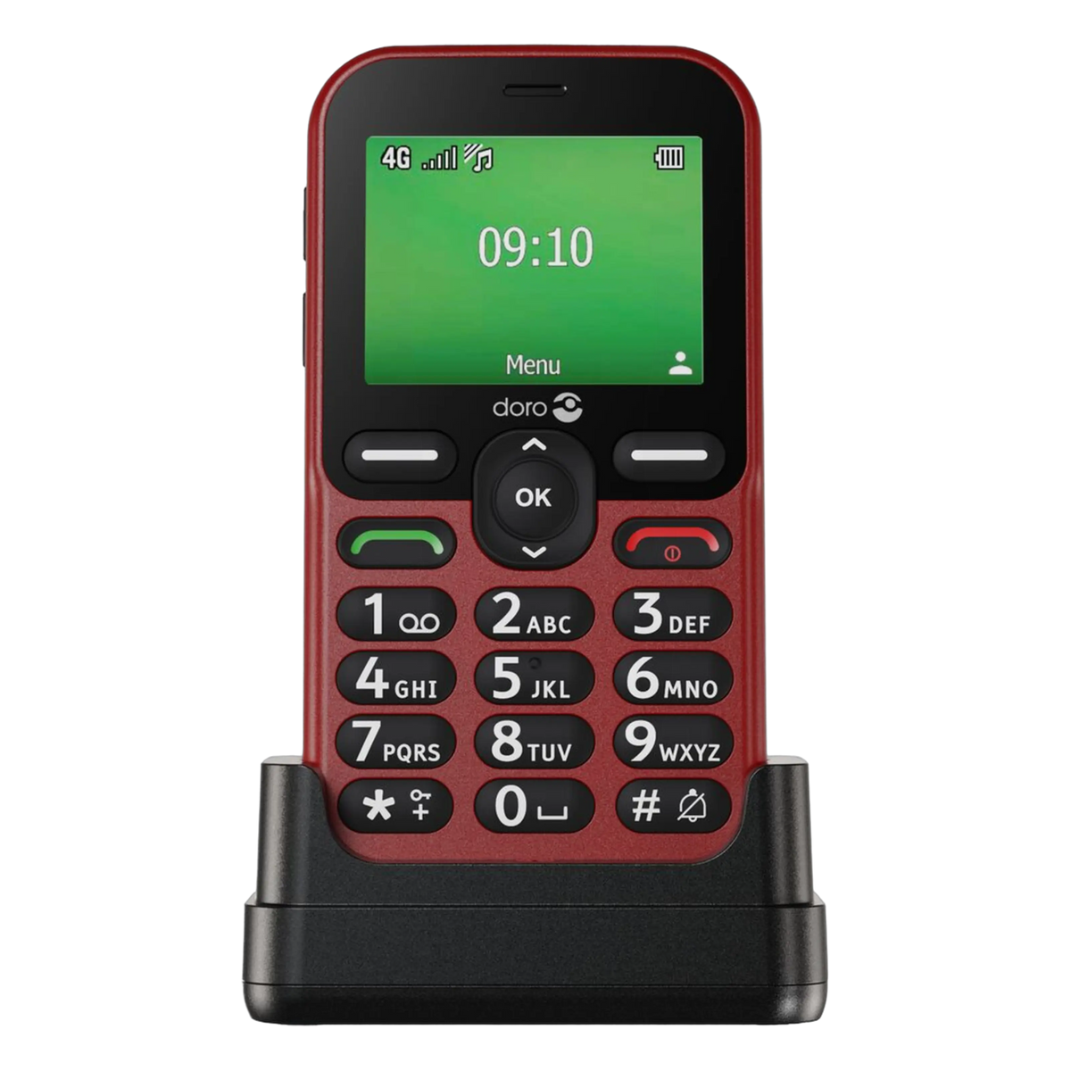Doro Leva E11 knaptelefon i rød med sort opladningsstation, stor grøn skærm med ur, store knapper og enkel menu.