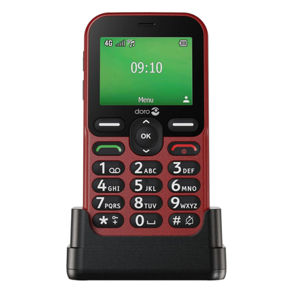 Doro Leva E11 knaptelefon i rød med sort opladningsstation, stor grøn skærm med ur, store knapper og enkel menu.