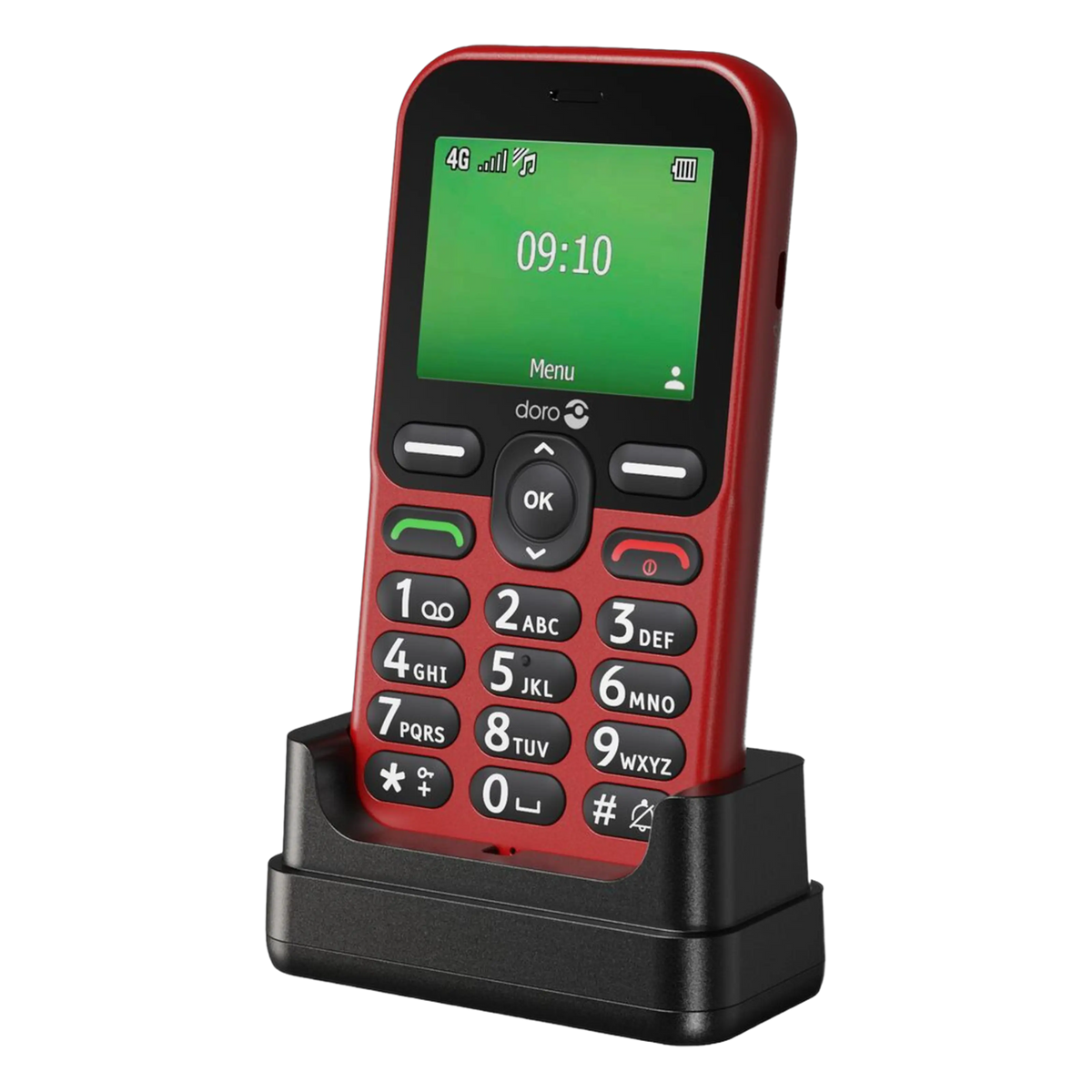 Doro Leva E11 knaptelefon i rød/sort med store knapper i sort opladningsstation; skærmen viser klokkeslæt, signalstyrke og batteristatus.