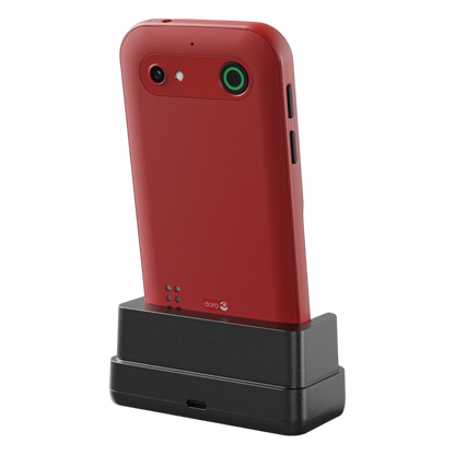 Doro Leva E11 knaptelefon i rød med struktureret bagside, grønne detaljer, sideknapper, opladningsstation og USB-C-port foran.