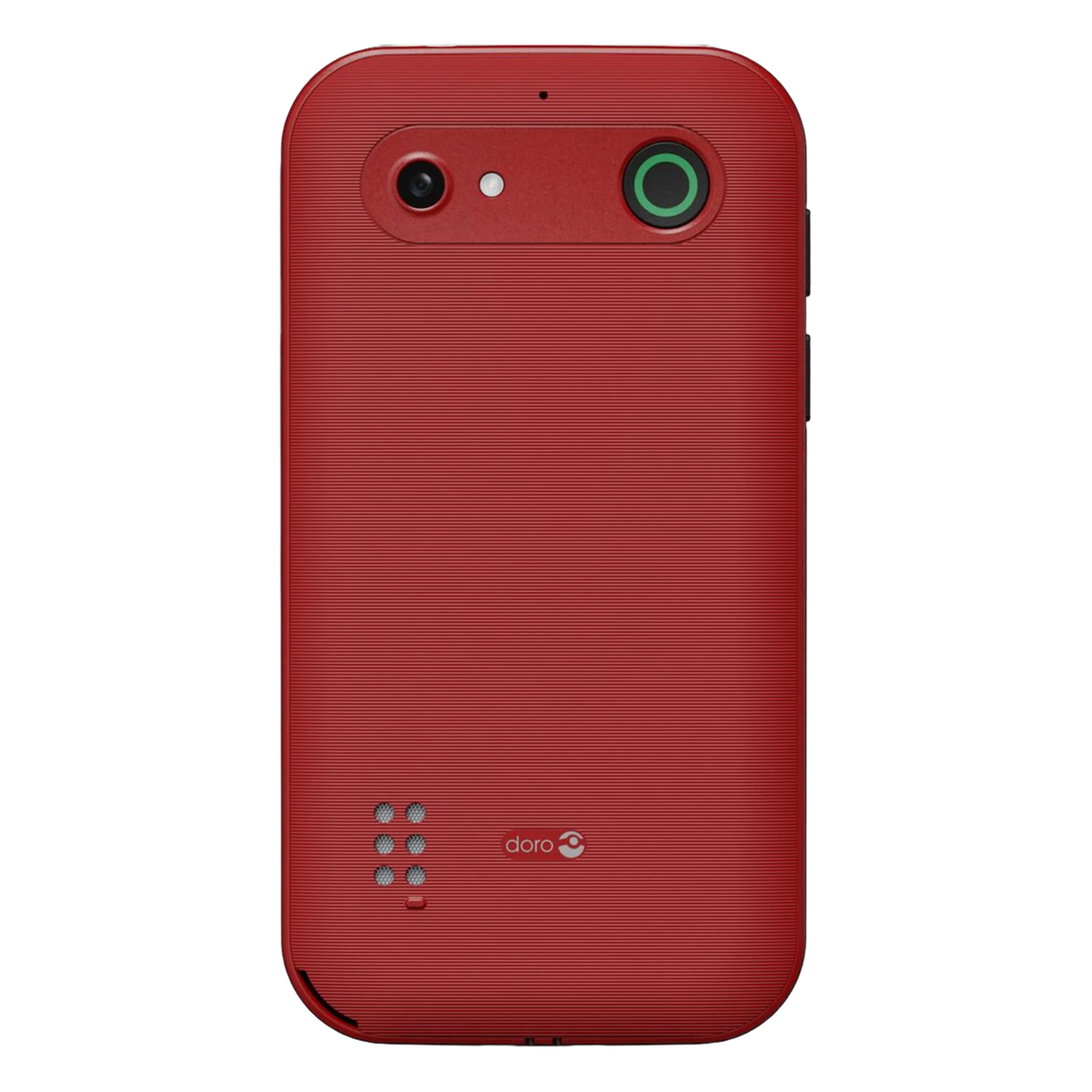 Doro Leva E11 klaptelefon i rødt, set bagfra med kamera, blitz, grøn ring omkring linsen, højttalerhuller, sikkerhedsknap og Doro-logo.