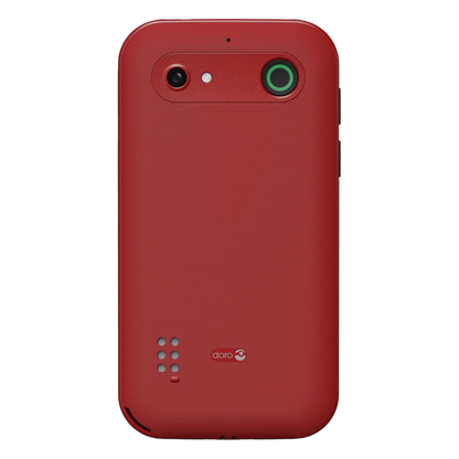 Doro Leva E11 klaptelefon i rødt, set bagfra med kamera, blitz, grøn ring omkring linsen, højttalerhuller, sikkerhedsknap og Doro-logo.