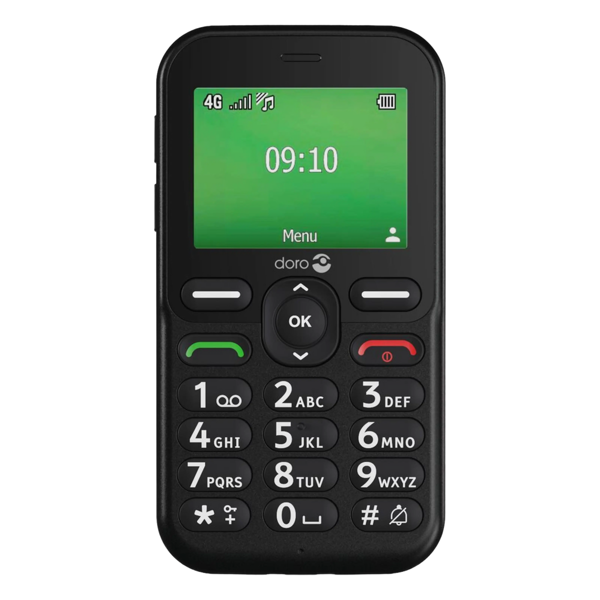 Doro Leva E11 knaptelefon i sort, grøn skærm viser kl. 09:10, tydelige batteri- og signalikoner, store hvide taster med tal og bogstaver.