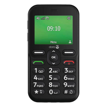 Doro Leva E11 knaptelefon i sort, grøn skærm viser kl. 09:10, tydelige batteri- og signalikoner, store hvide taster med tal og bogstaver.