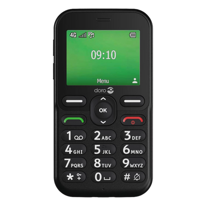 Doro Leva E11 knaptelefon i sort, grøn skærm viser kl. 09:10, tydelige batteri- og signalikoner, store hvide taster med tal og bogstaver.