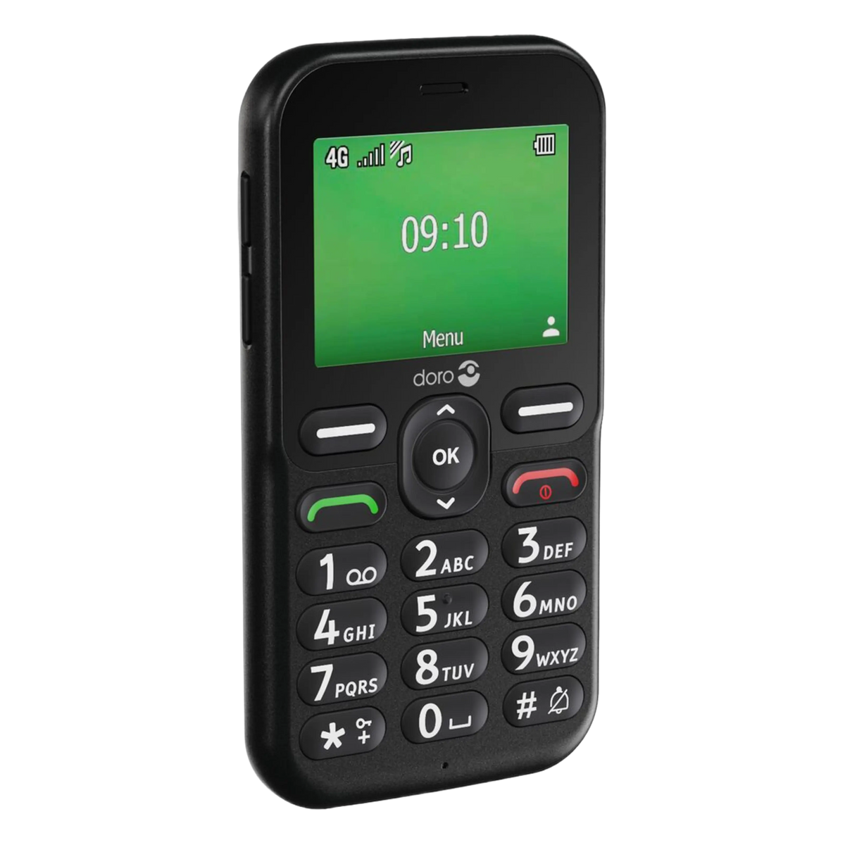 Doro Leva E11 knaptelefon, sort med store knapper, grøn skærm kl. 09:10, 4G-signal, batterisymbol og sikkerhedsknap.