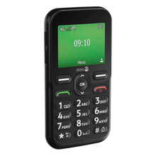 Doro Leva E11 knaptelefon, sort med store knapper, grøn skærm kl. 09:10, 4G-signal, batterisymbol og sikkerhedsknap.