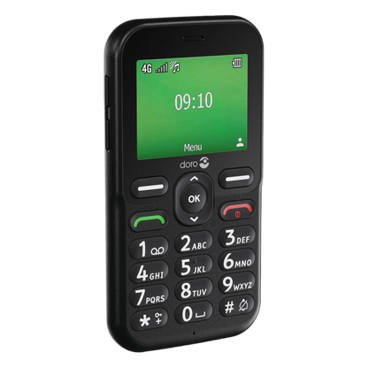 Doro Leva E11 knaptelefon, sort med store knapper, grøn skærm kl. 09:10, 4G-signal, batterisymbol og sikkerhedsknap.