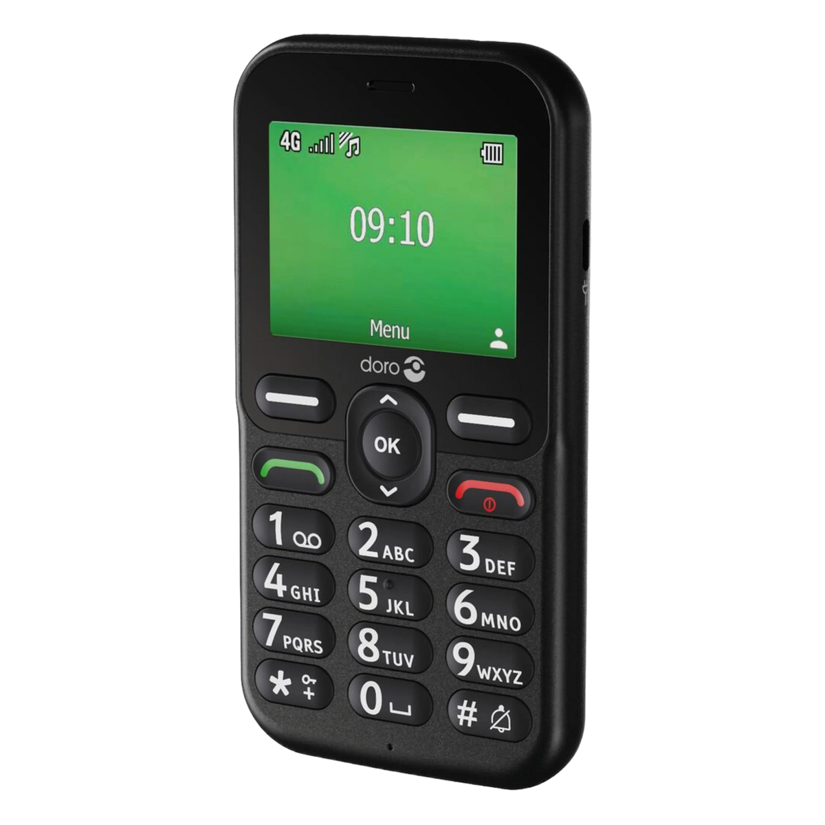 Doro Leva E11 knaptelefon, sort med grøn skærm, 09:10, store hvide taster, navigationsknapper og sikkerhedsknap.