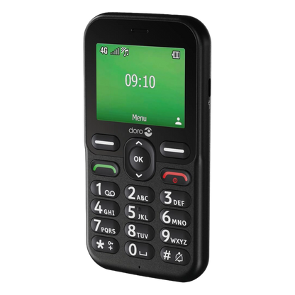 Doro Leva E11 knaptelefon, sort med grøn skærm, 09:10, store hvide taster, navigationsknapper og sikkerhedsknap.