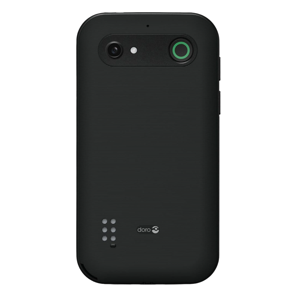 Doro Leva E11 knaptelefon, sort, set bagfra med kamera, grøn ring, sikkerhedsknap, blitz, højttalerhuller og Doro-logo.