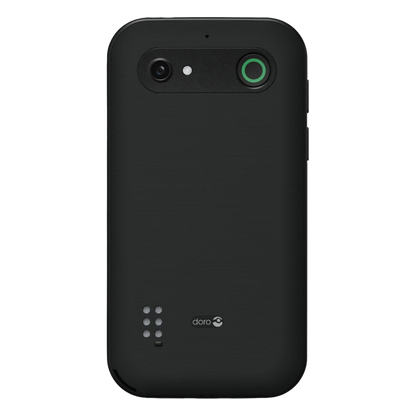 Doro Leva E11 knaptelefon, sort, set bagfra med kamera, grøn ring, sikkerhedsknap, blitz, højttalerhuller og Doro-logo.