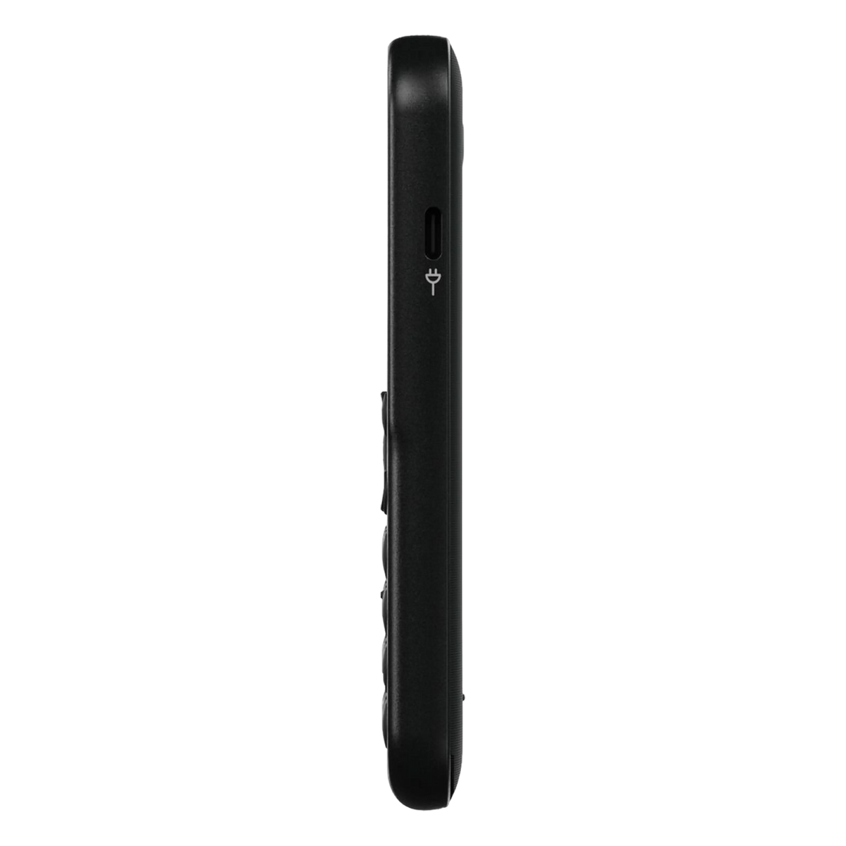Doro Leva E11 knaptelefon, sort; side, opladningsport, strømsymbol og fysiske knapper er synlige på venstre side.