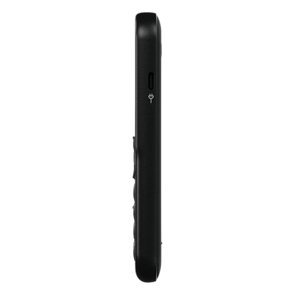 Doro Leva E11 knaptelefon, sort; side, opladningsport, strømsymbol og fysiske knapper er synlige på venstre side.