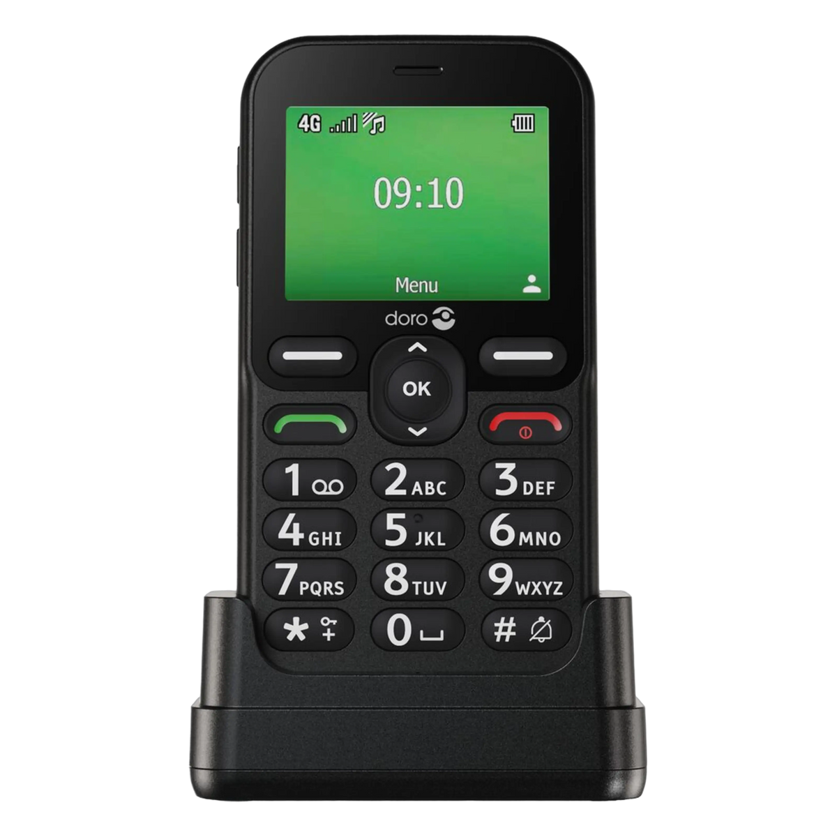 Doro Leva E11 knaptelefon, sort med store hvide knapper, grøn skærm viser 09:10, placeret i ladestationen.