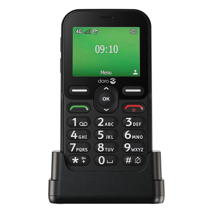 Doro Leva E11 knaptelefon, sort med store hvide knapper, grøn skærm viser 09:10, placeret i ladestationen.