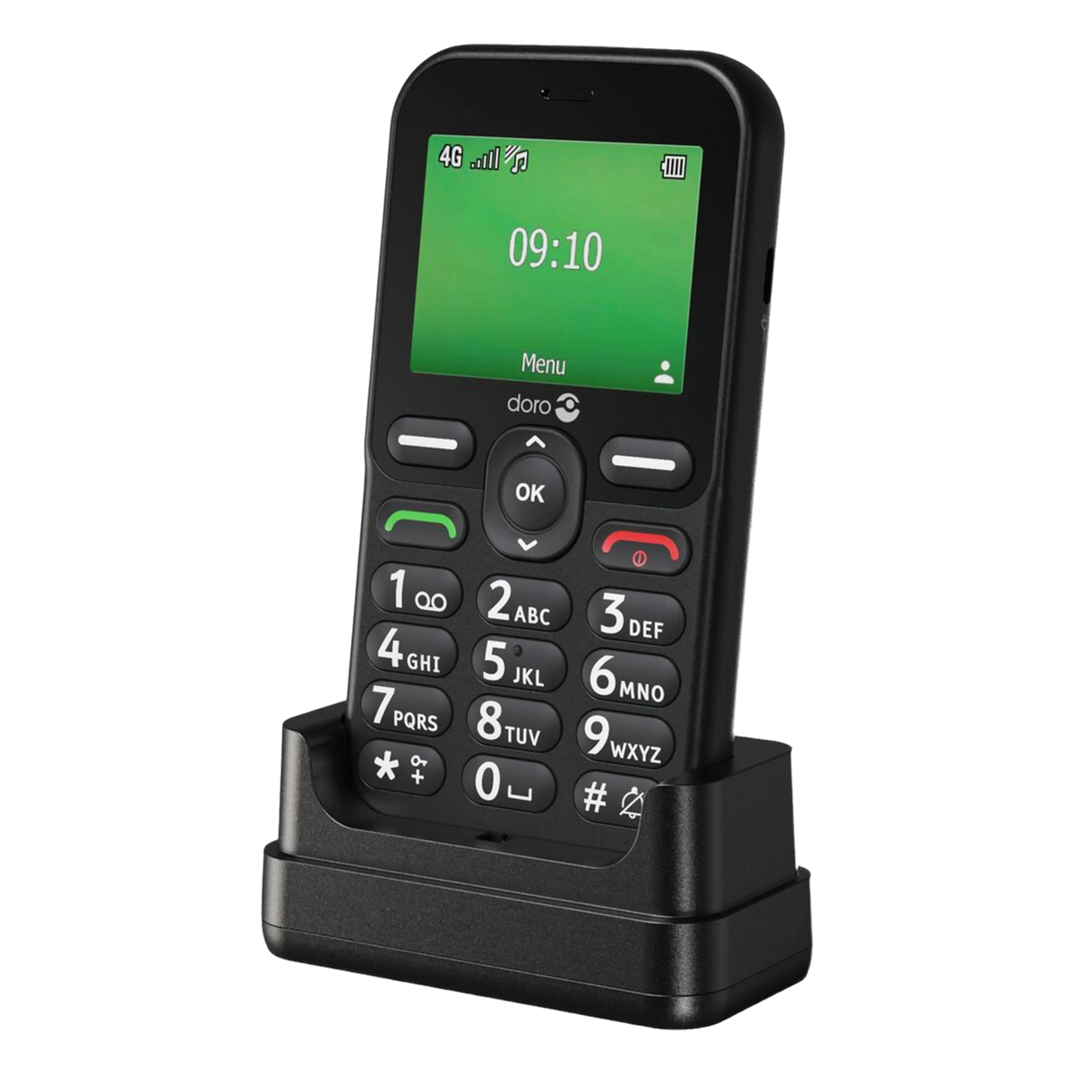 Doro Leva E11 knaptelefon, sort med store knapper, grøn tidsvisning på opladningsstationen.