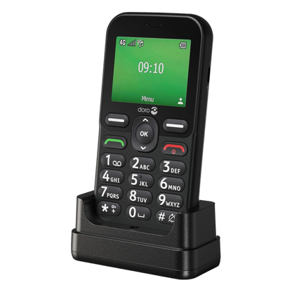 Doro Leva E11 knaptelefon, sort med store knapper, grøn tidsvisning på opladningsstationen.