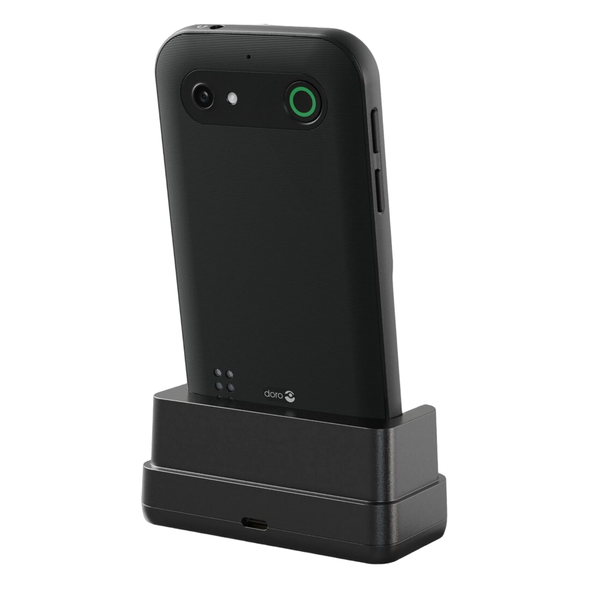 Doro Leva E11 knaptelefon, sort med kamera og grøn ring, set bagfra i sort opladestation.