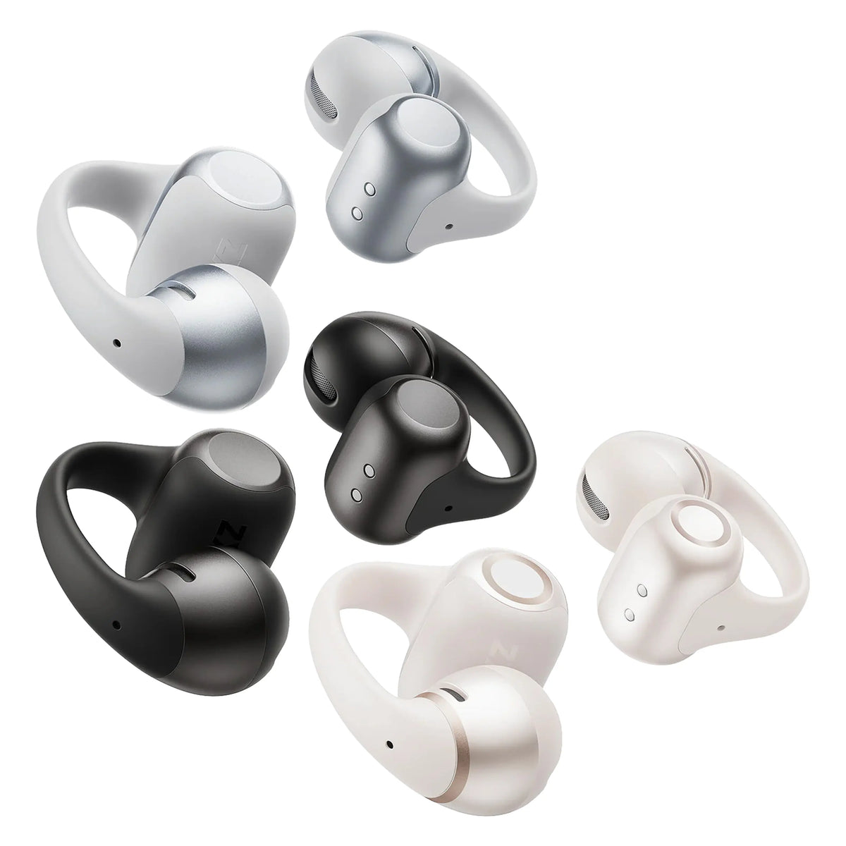 SHOKZ OpenDots 2 åbne clip-on-hovedtelefoner – sort, seks trådløse øretelefoner i sølv, sort og hvid med ørekrog og knapbetjening.