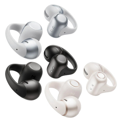 SHOKZ OpenDots 2 åbne clip-on-hovedtelefoner – sort, seks trådløse øretelefoner i sølv, sort og hvid med ørekrog og knapbetjening.