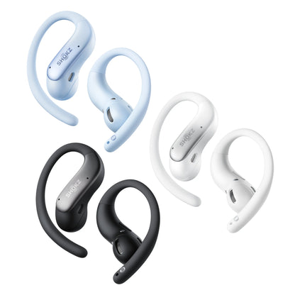 SHOKZ OpenFit Air 2 åbne øretelefoner med ørekrog, synligt SHOKZ-logo, blå udgave, fås også i sort og hvid.