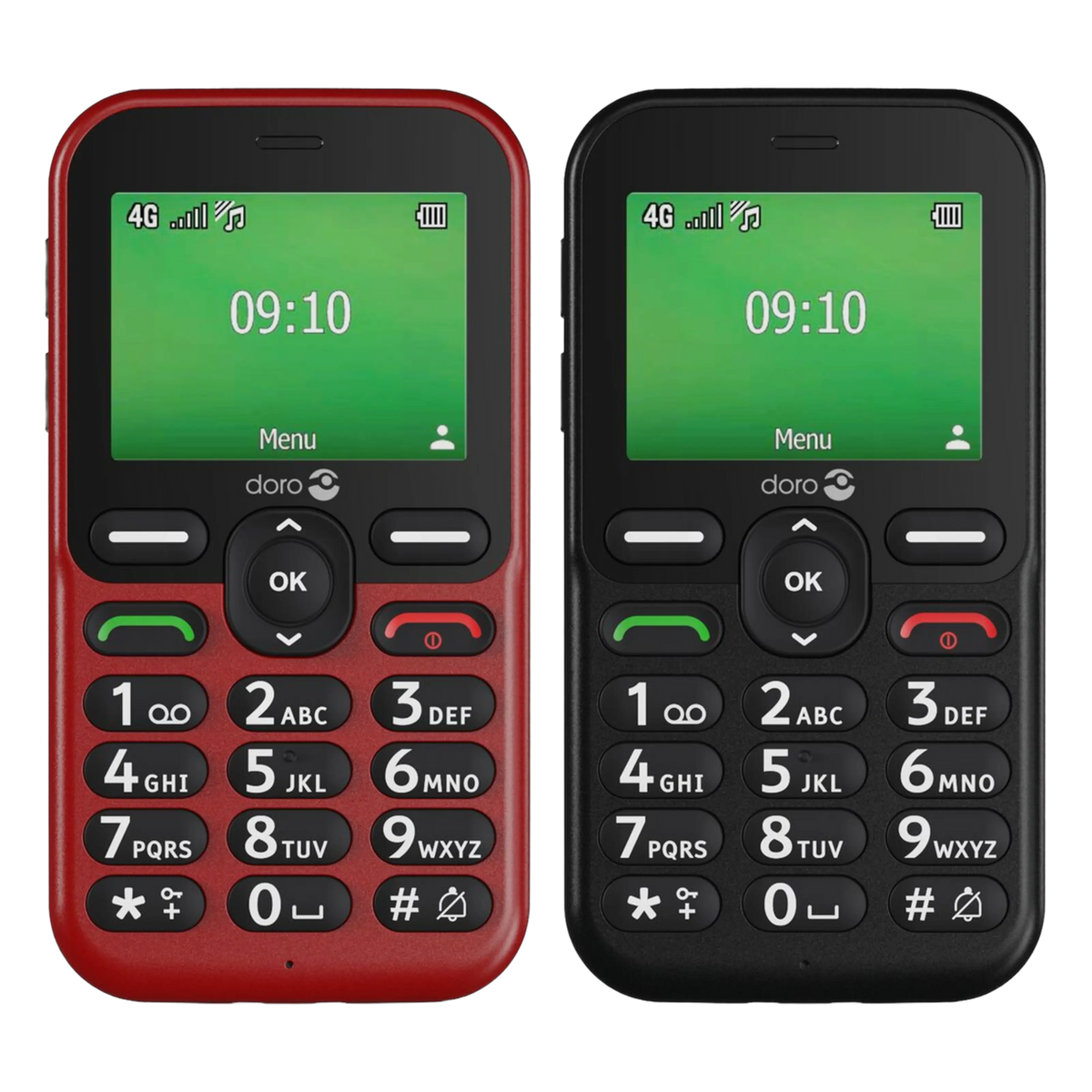 Doro Leva E11 knaptelefon i rød med store knapper, sikkerhedsknap, tydeligt 09:10-display og 4G-indikatorer.