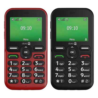 Doro Leva E11 knaptelefon i rød med store knapper, sikkerhedsknap, tydeligt 09:10-display og 4G-indikatorer.