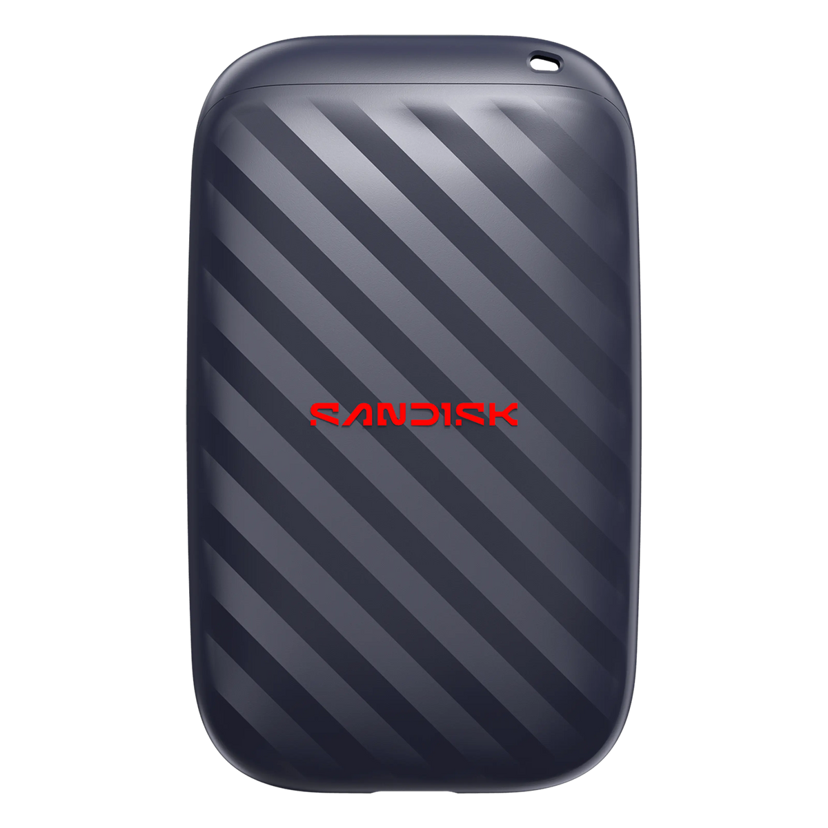 SanDisk bærbar SSD 1 TB, 600 MB/s, USB-C, mørkegrå med diagonale striber og rødt logo.