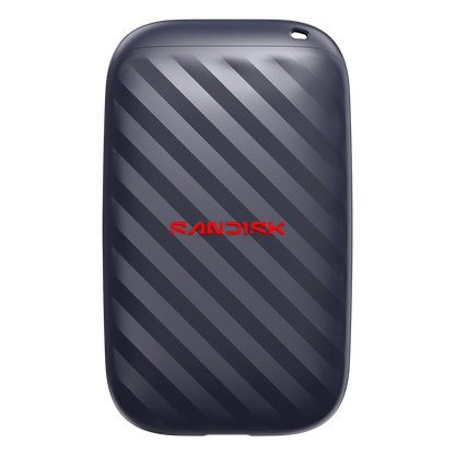 SanDisk bærbar SSD 1 TB, 600 MB/s, USB-C, mørkegrå med diagonale striber og rødt logo.