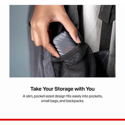 SanDisk bærbar SSD 1 TB, USB-C, 600 MB/s, placeret i nettlommen i rygsækken.