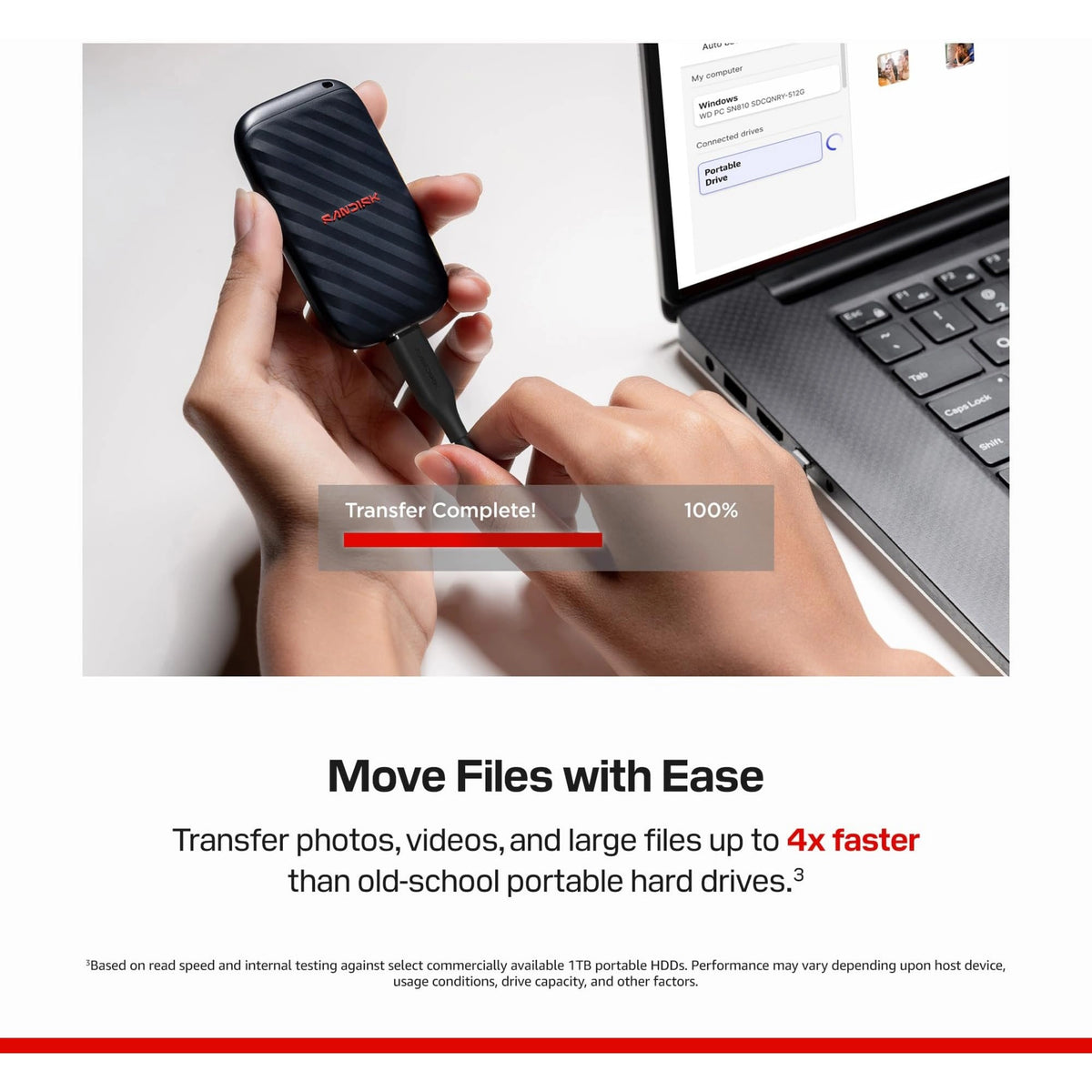 SanDisk bærbar SSD 1 TB, USB-C, 600 MB/s tilsluttes bærbar computer med filoverførsel på skærmen.