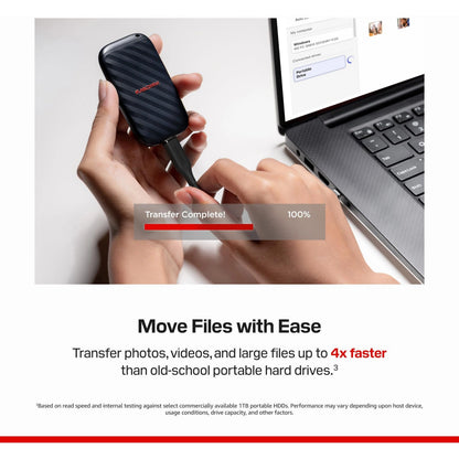 SanDisk bærbar SSD 1 TB, USB-C, 600 MB/s tilsluttes bærbar computer med filoverførsel på skærmen.