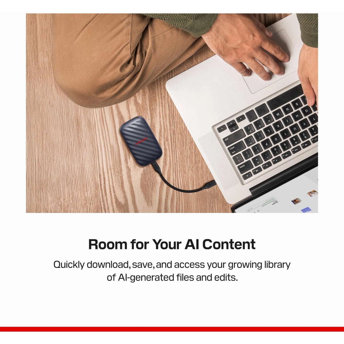 En person bruger en bærbar computer, der er tilsluttet en SanDisk Portable SSD på 1 TB via et USB-C-kabel, med hastigheder på op til 600 MB/s.