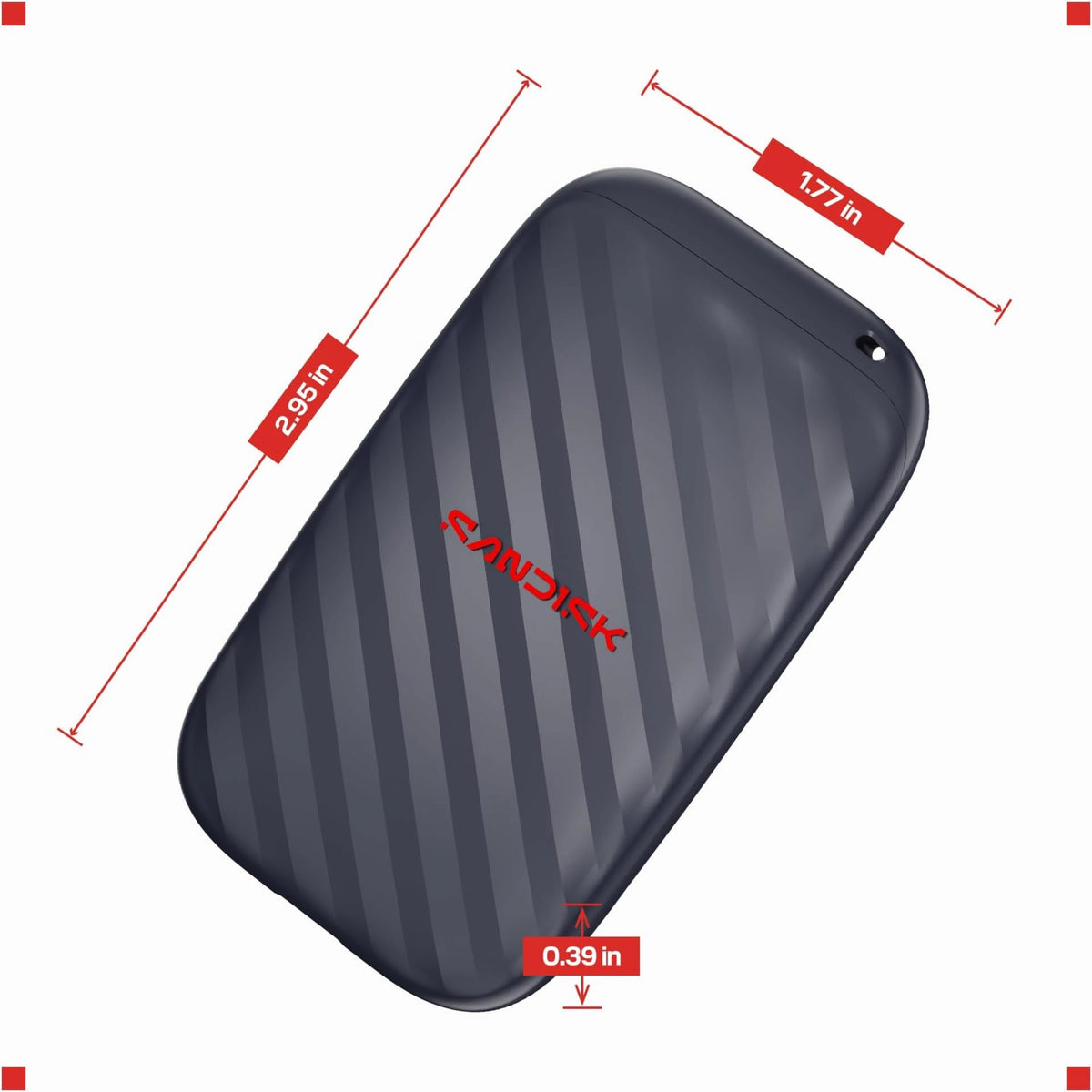 SanDisk bærbar SSD 1 TB, USB-C, 600 MB/s, 7,5 x 4,5 x 1 cm, stribet design med rødt logo og USB-C-stik.