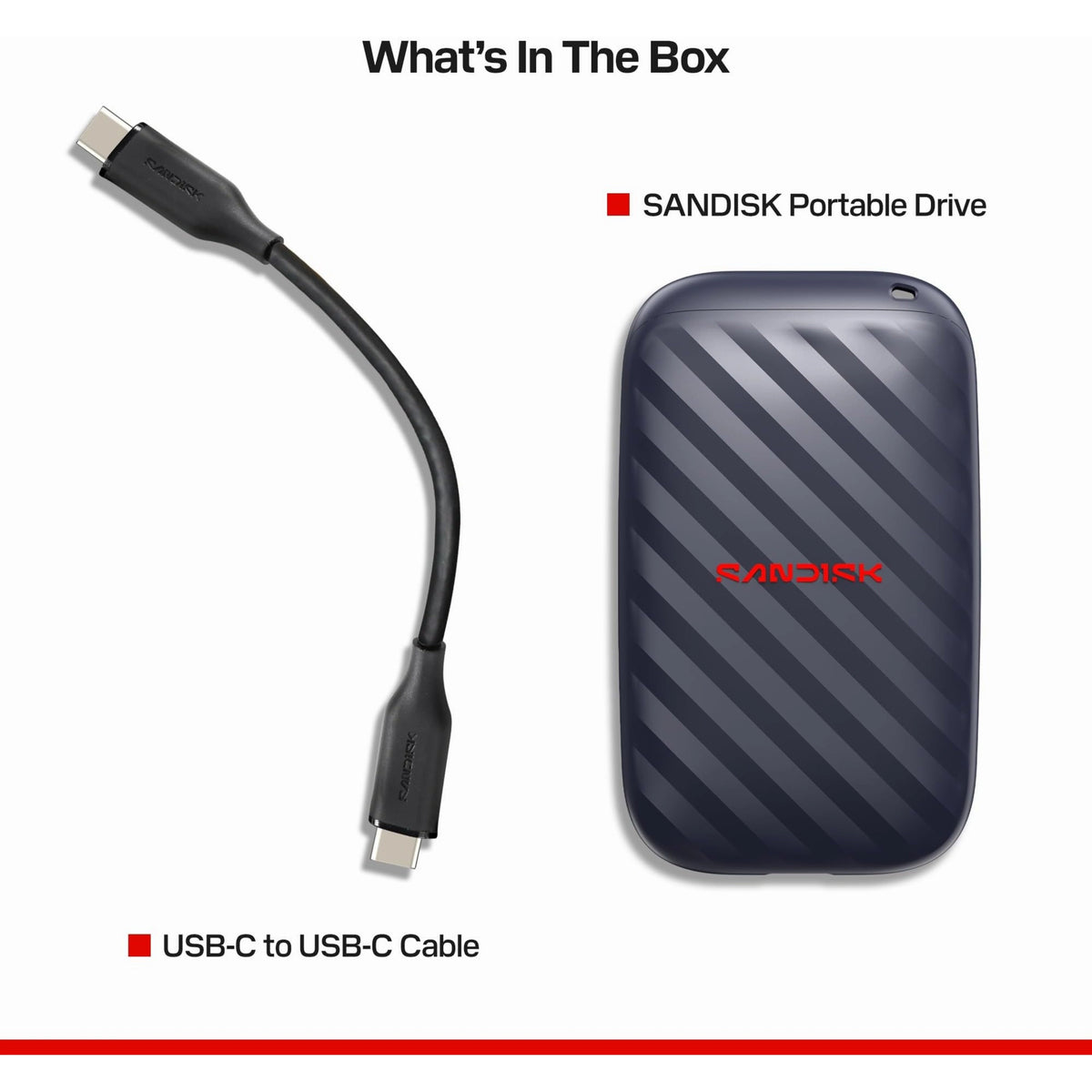 SanDisk bærbar SSD 1 TB, USB-C, op til 600 MB/s og USB-C til USB-C-kabel.