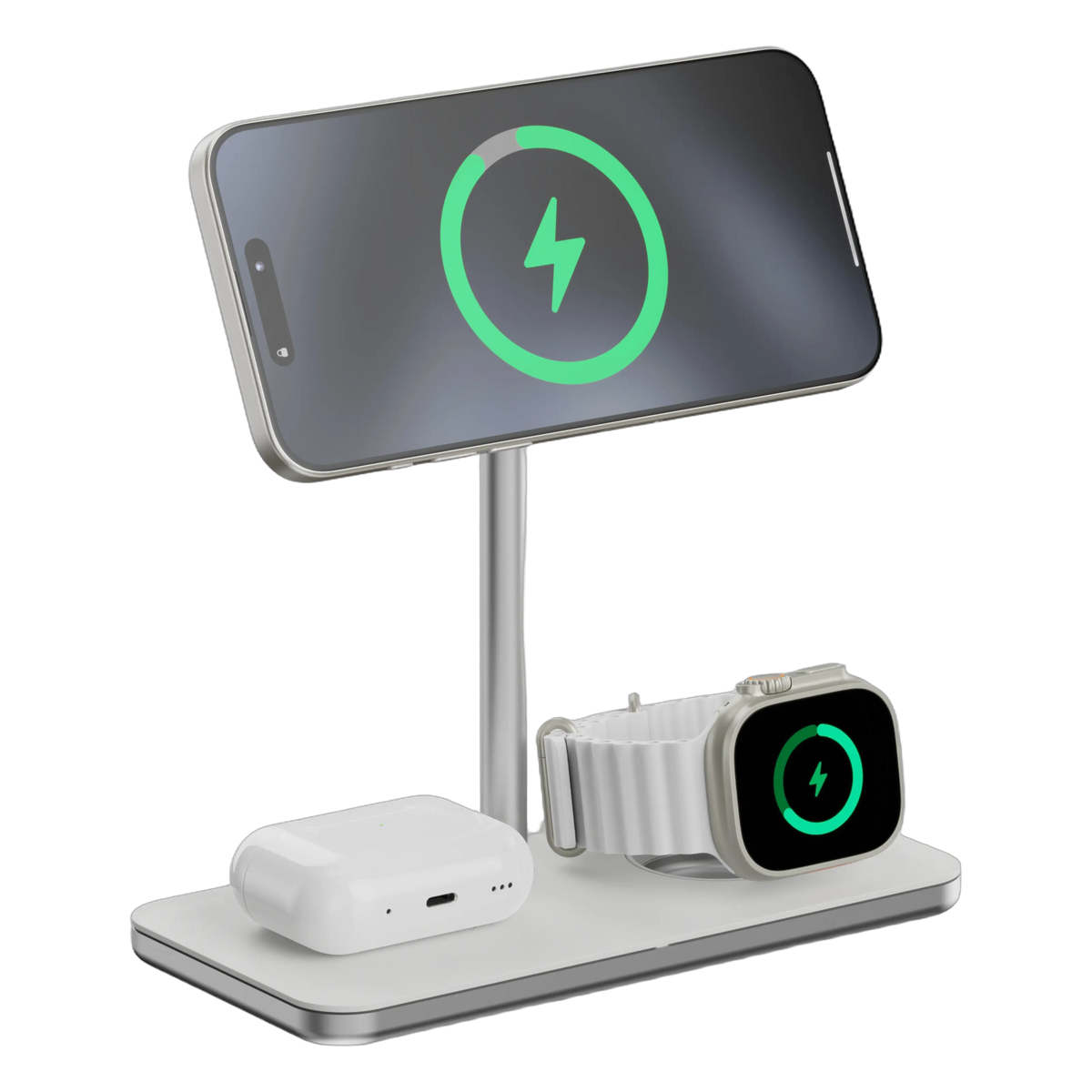 Linq 3-i-1 Qi2 trådløs opladningsholder til iPhone, Apple Watch og AirPods i vandret position.