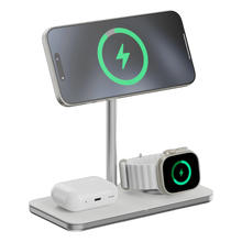 Linq 3-i-1 Qi2 trådløs opladningsholder til iPhone, Apple Watch og AirPods i vandret position.