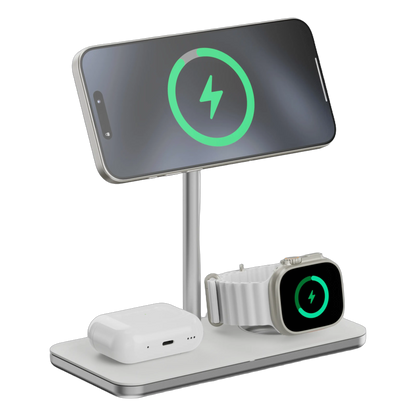Linq 3-i-1 Qi2 trådløs opladningsholder til iPhone, Apple Watch og AirPods i vandret position.