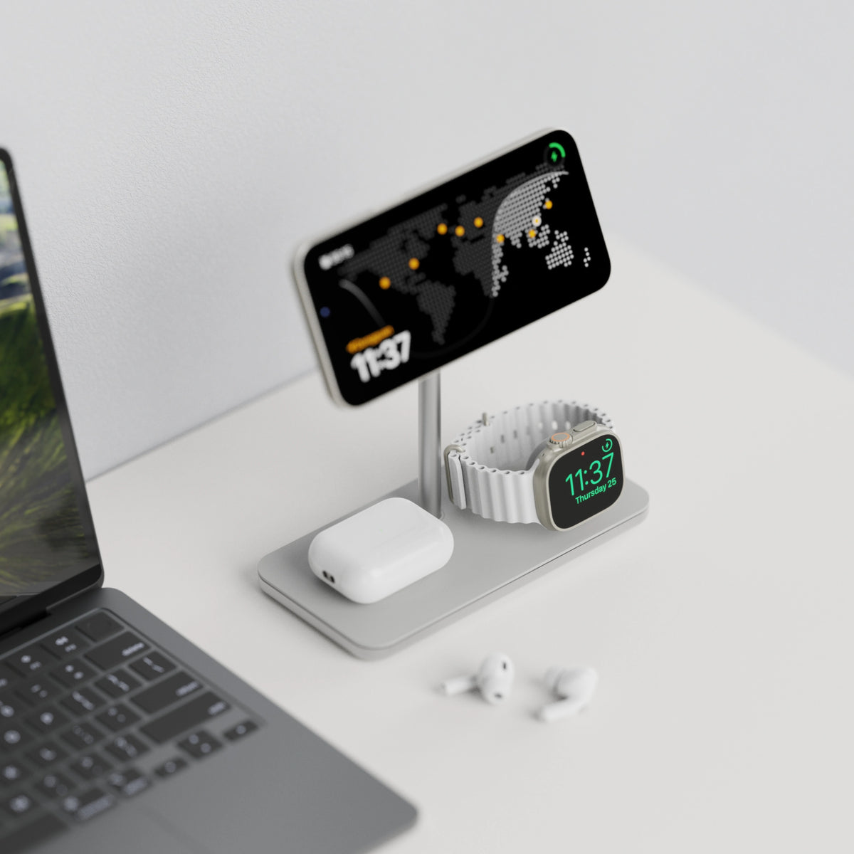 Linq 3-i-1 Qi2 trådløs opladestation til iPhone, Apple Watch og AirPods med MagSafe-kompatibilitet.