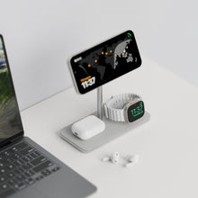 Linq 3-i-1 Qi2 trådløs opladestation til iPhone, Apple Watch og AirPods med MagSafe-kompatibilitet.