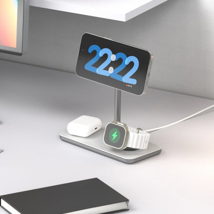 Linq 3-i-1 Qi2 trådløs opladestation til iPhone, Apple Watch og AirPods med magnetisk holder og base.