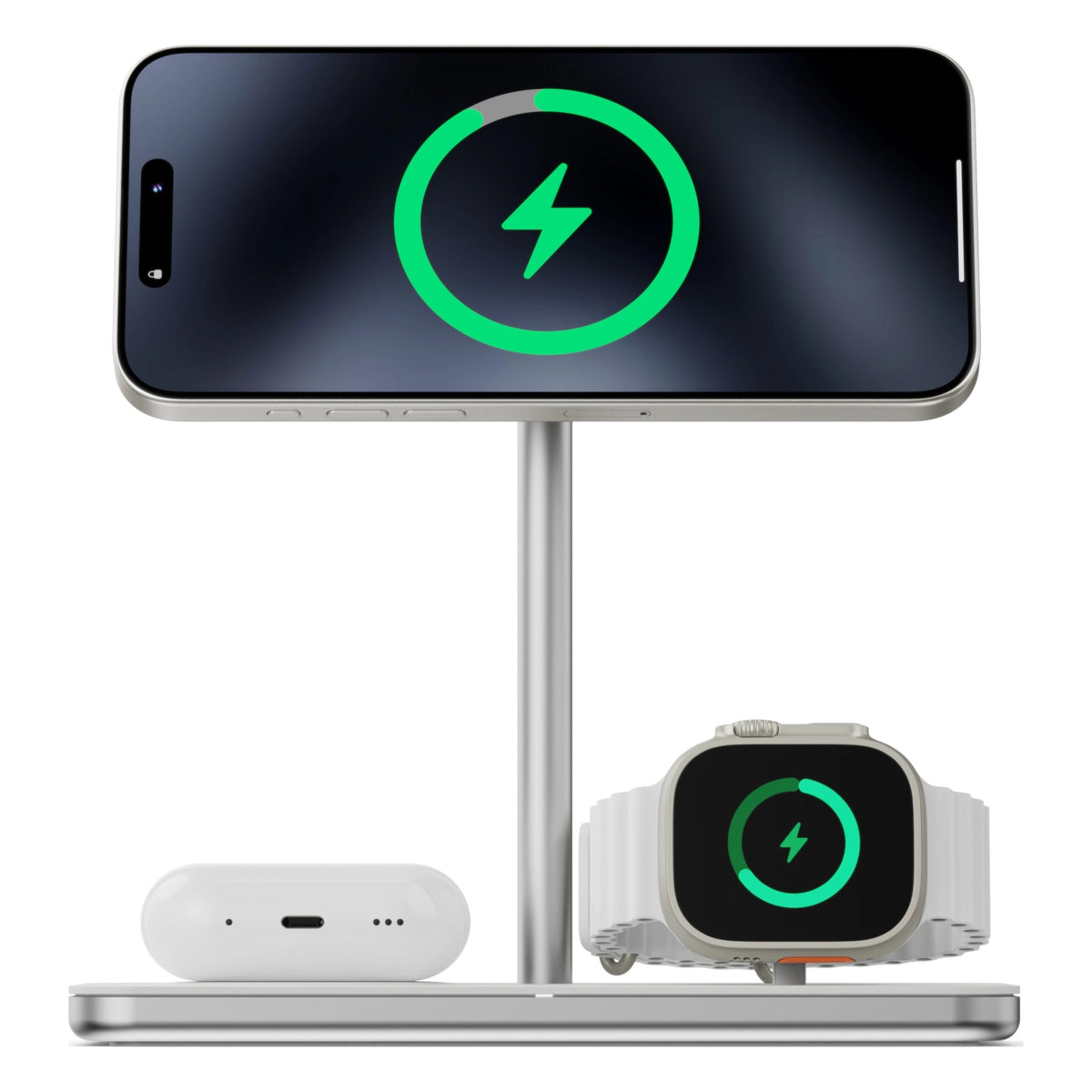 Linq 3-i-1 Qi2 trådløs opladningsholder til iPhone, Apple Watch og AirPods med fastmonteret smartphone, ur og øretelefoner.