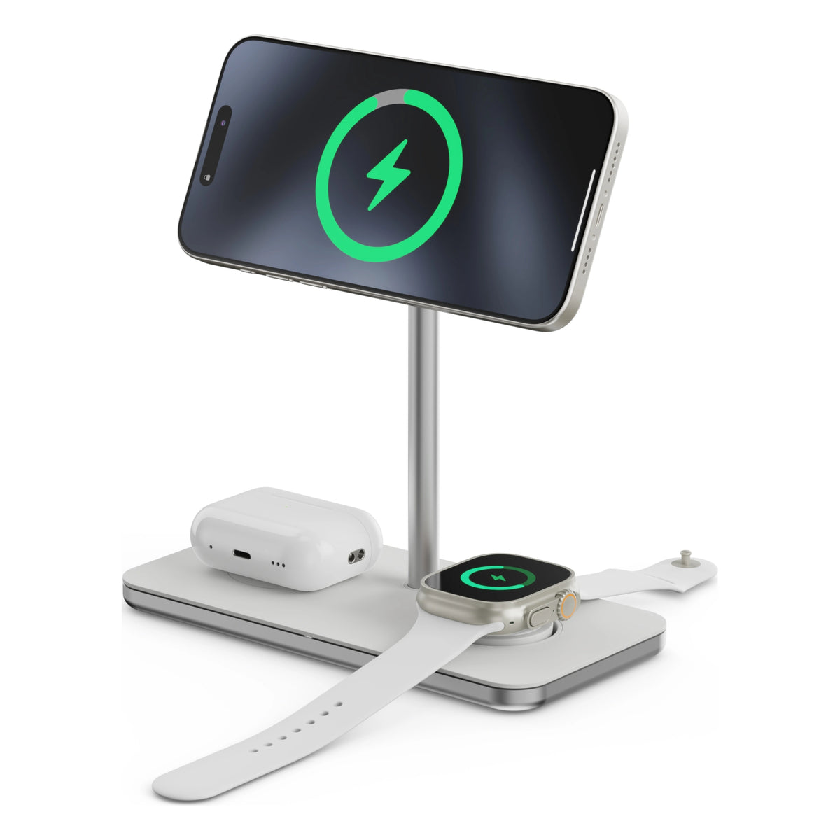 Linq 3-i-1 Qi2 trådløs opladestation med plads til iPhone, Apple Watch og etui til trådløse hovedtelefoner.
