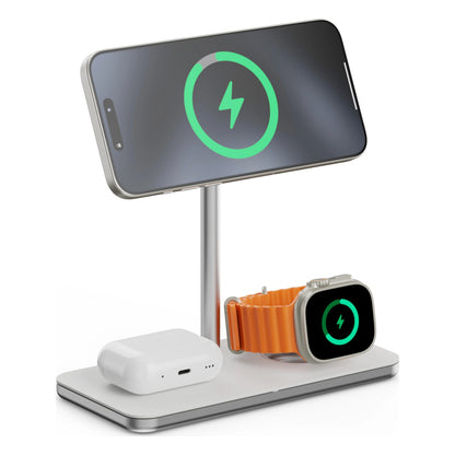 Linq 3-i-1 Qi2 trådløs opladningsstation til iPhone, Apple Watch og AirPods med opladningsplader i bunden.