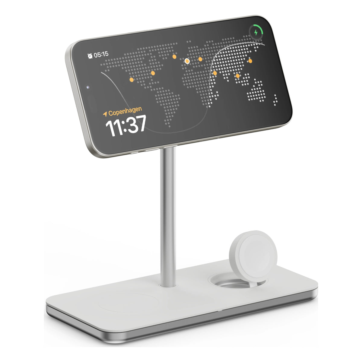 Linq 3-i-1 Qi2 trådløs opladningsstation med magnetisk telefonholder, Apple Watch-oplader og opladningsplade i bunden.