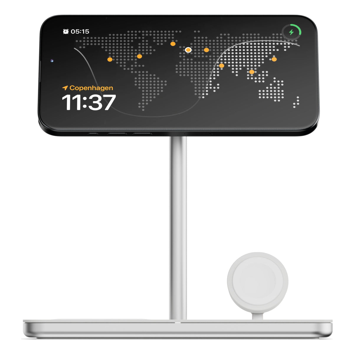 Linq 3-i-1 Qi2 trådløs opladestation til iPhone, Apple Watch og AirPods med vandret MagSafe-smartphone.